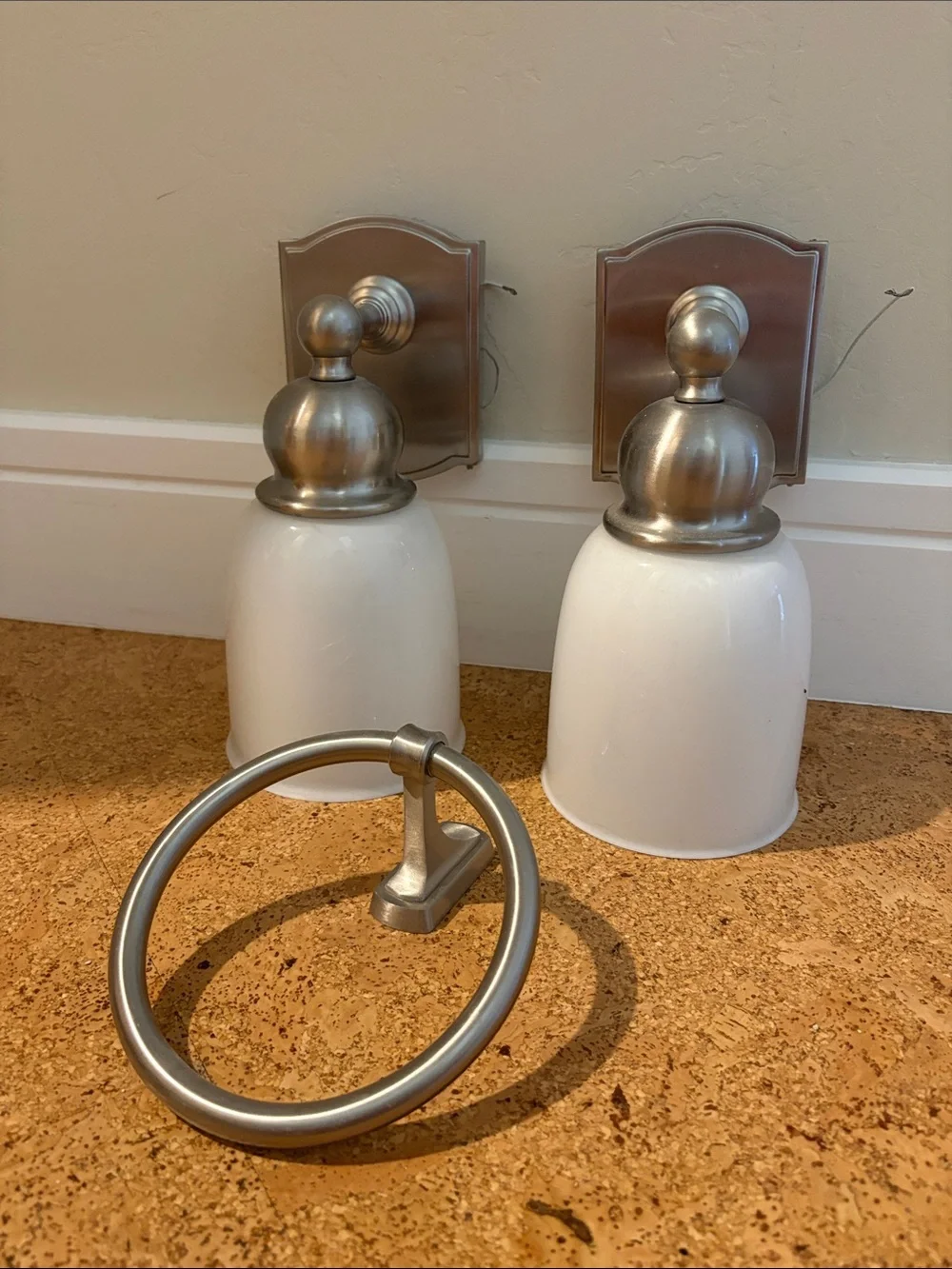 Pair of Pottery Barn Brushed Nickel Covington bath sconces plus towel bar